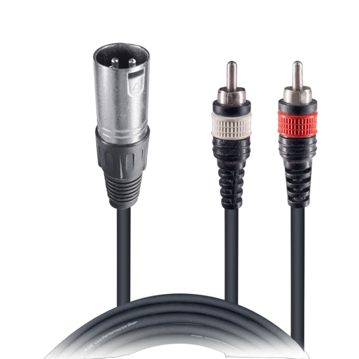 ProX 3 foot XLR male to dual RCA Y-cable connector assembly front view
