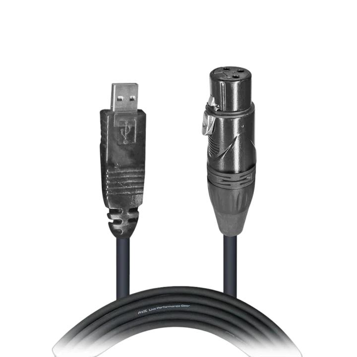 ProX 25 foot XLR-F to USB audio cable with connectors displayed