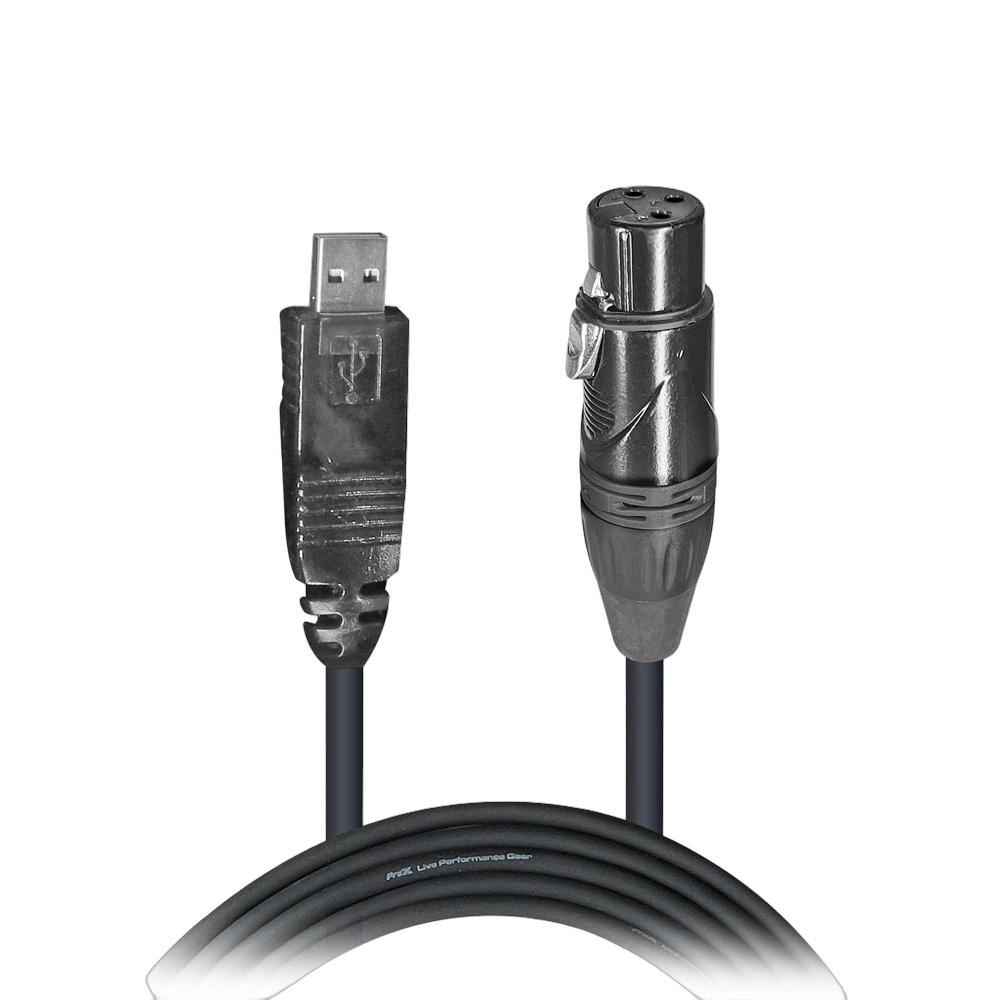 ProX XLR to USB Audio Cable 25 ft Front View ProX 25 foot XLR-F to USB audio cable with connectors displayed