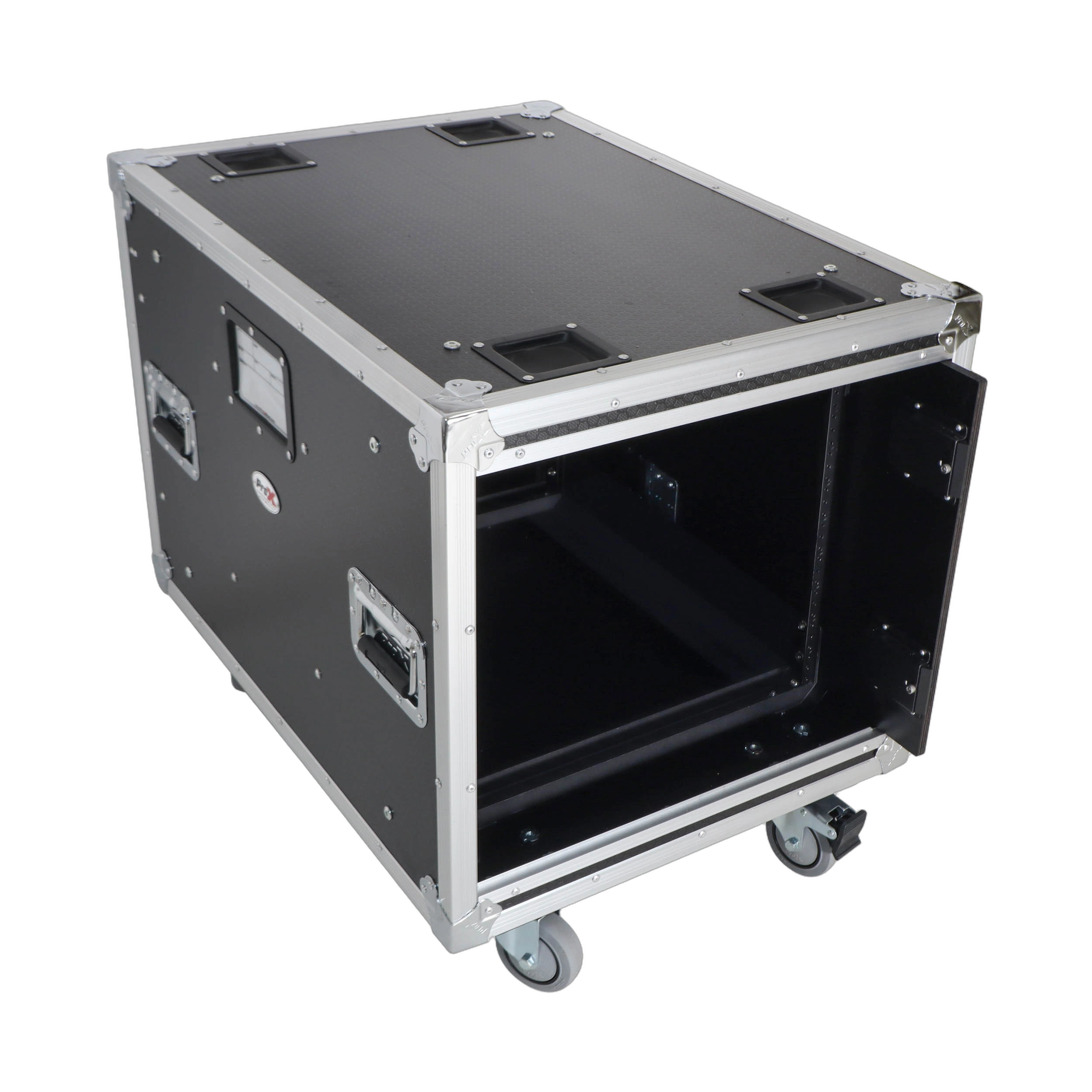 ProX XS-SLAM 10U Rack Case Sliding Door Detail ProX XS-SLAM 10U vertical rack case showing sliding slam door mechanism and latch detail