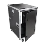 ProX XS-SLAM 18U vertical rack case with sliding slam doors and caster wheels, side view detail
