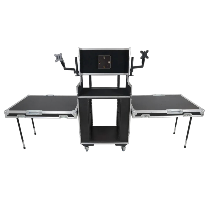 ProX XSM-AV16UW video control workstation flight case 16U rack with dual side tables and triple monitor mount detail view