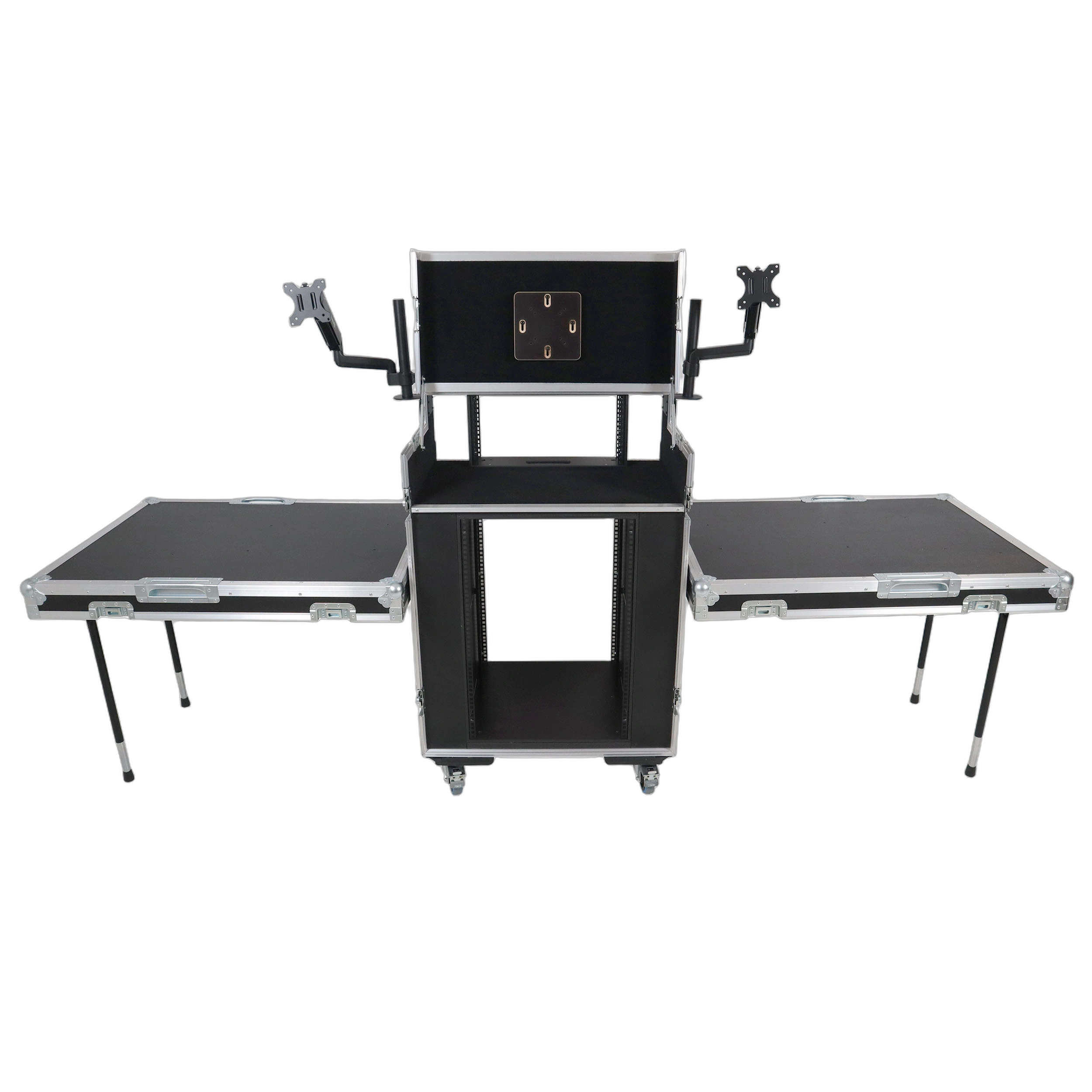 ProX Video Control Workstation Flight Case 16U Rack Detail ProX XSM-AV16UW video control workstation flight case 16U rack with dual side tables and triple monitor mount detail view