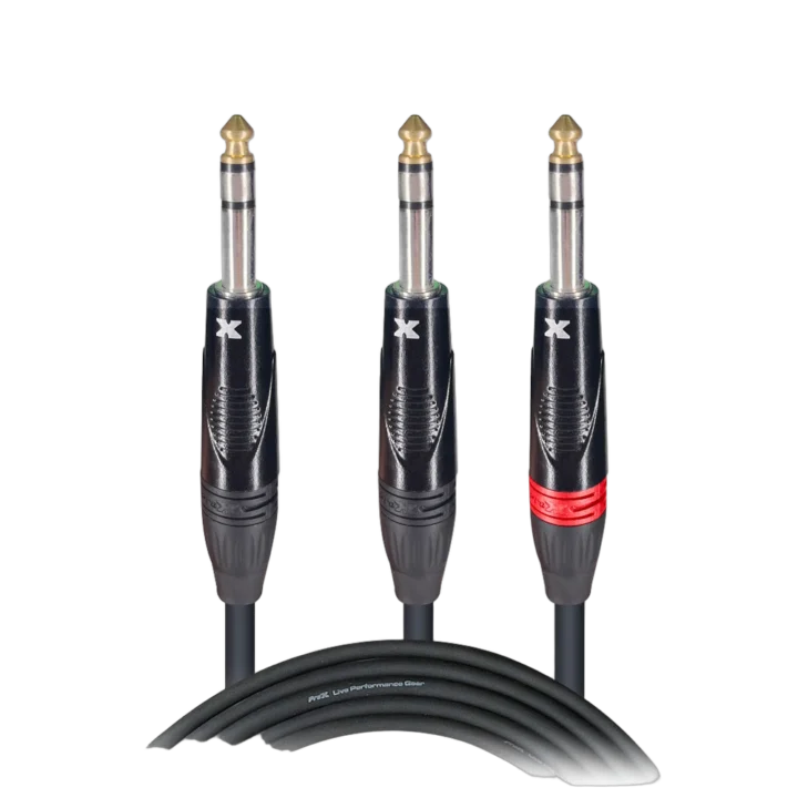 ProX 5 foot Y-cable with 1/4 inch stereo jack splitting to dual 1/4 inch stereo connectors
