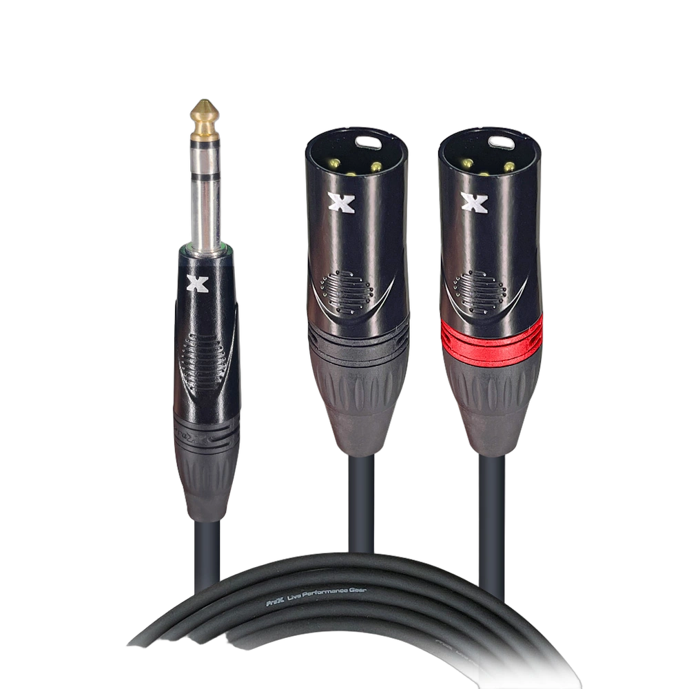 ProX 5 ft Y-Cable 1/4 Stereo to Dual XLR-M ProX 5 foot Y-cable with 1/4 inch stereo jack and dual XLR male connectors, full length view