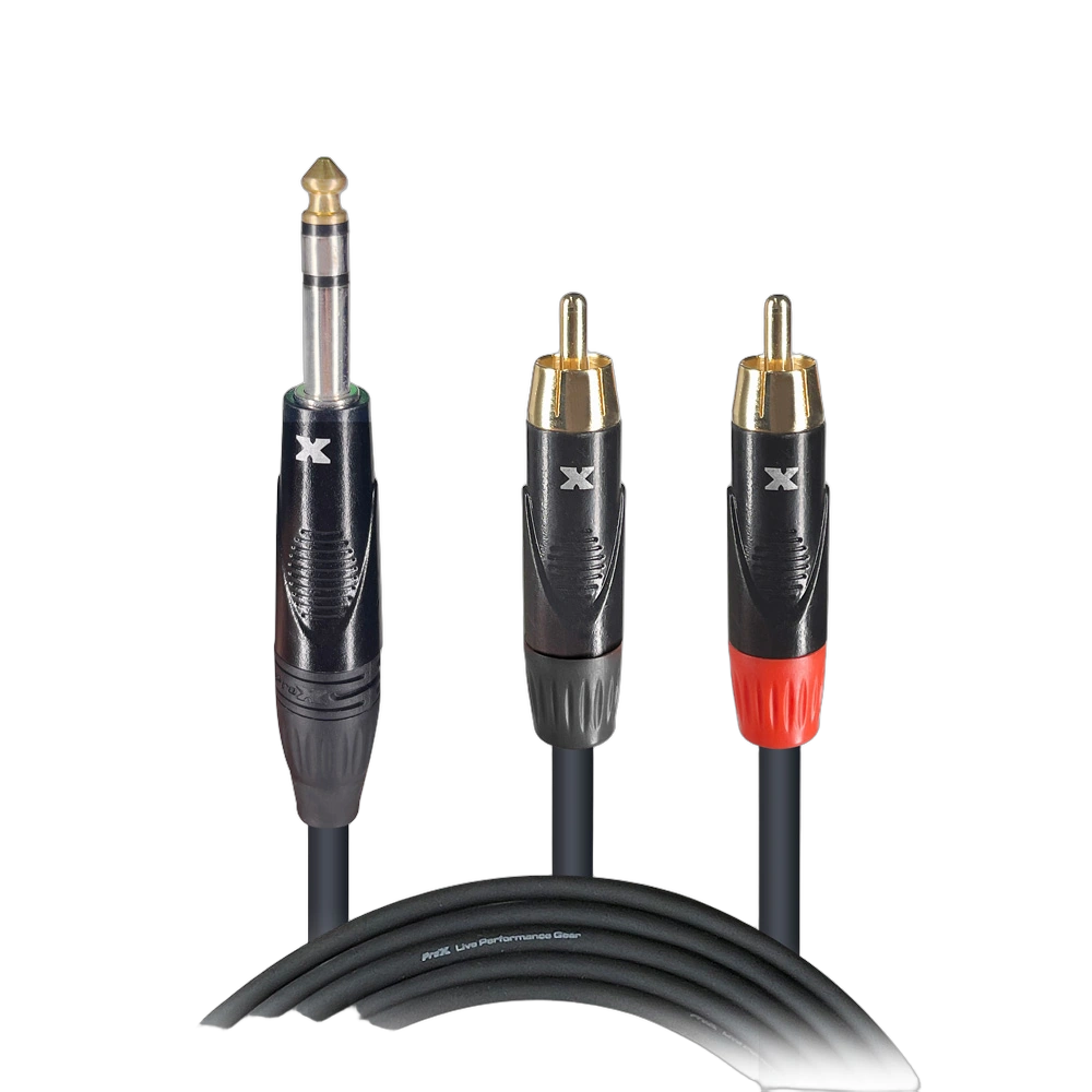 ProX 5 ft Y-Cable 1/4 TRS to Dual RCA ProX 5 foot Y-cable adapter with 1/4 inch TRS stereo connector and dual RCA connectors