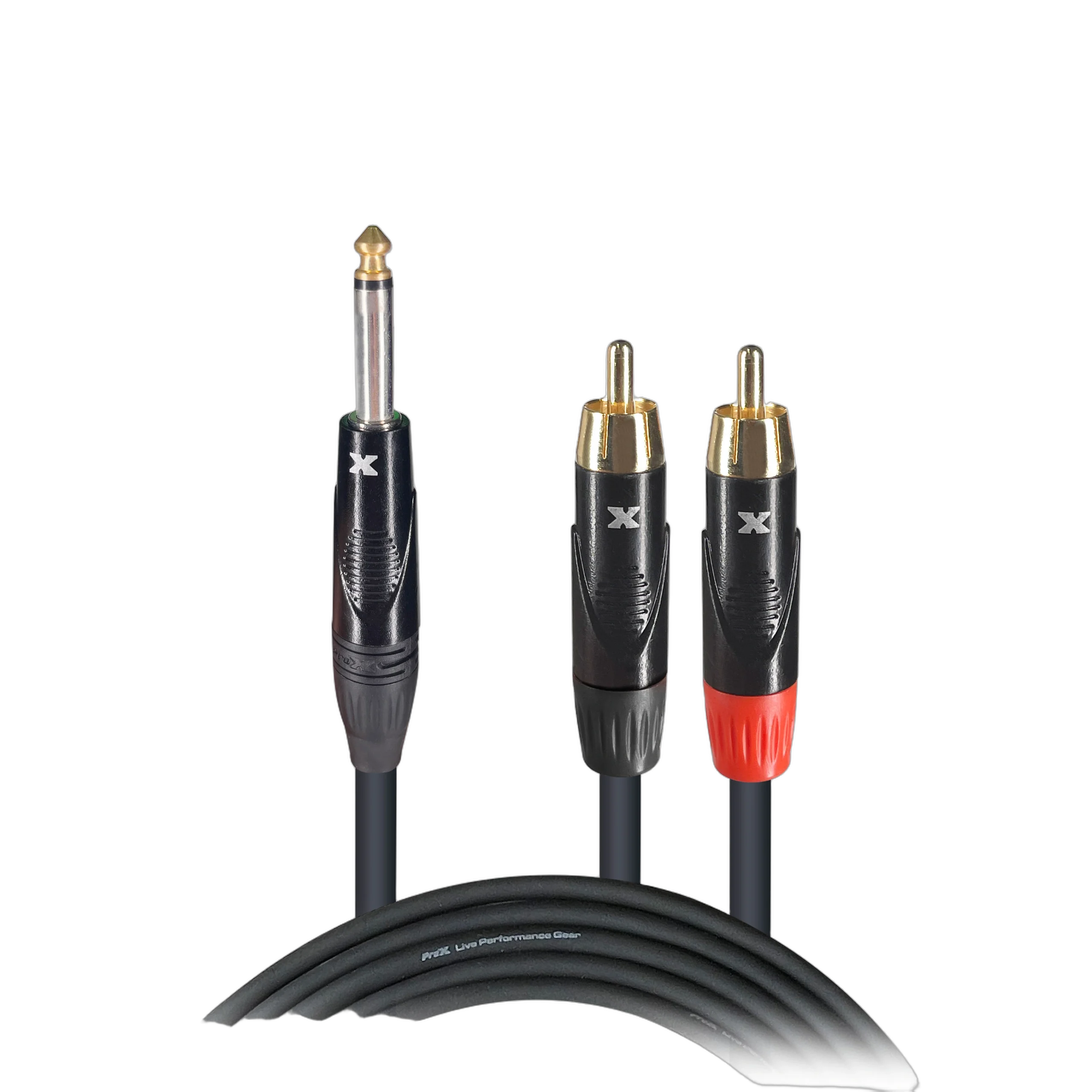 ProX 10 ft Y-Cable 1/4 TS Mono to Dual RCA ProX 10 foot Y-cable with 1/4 inch TS mono connector and dual RCA connectors, full length view
