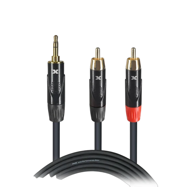 ProX 15 foot Y-cable with 3.5mm TRS connector and dual RCA male connectors, coiled display
