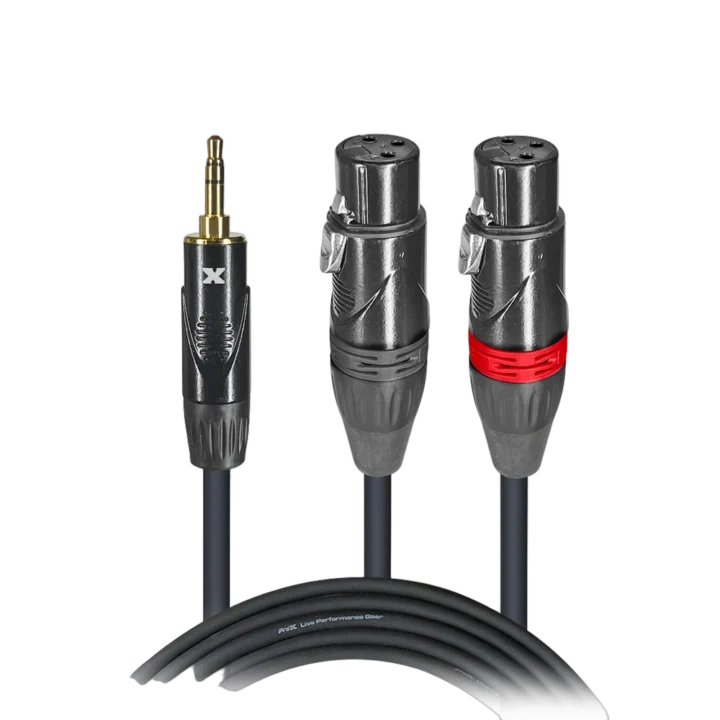 ProX 5 foot Y-cable with 3.5mm TRS connector and dual XLR-F connectors, front view