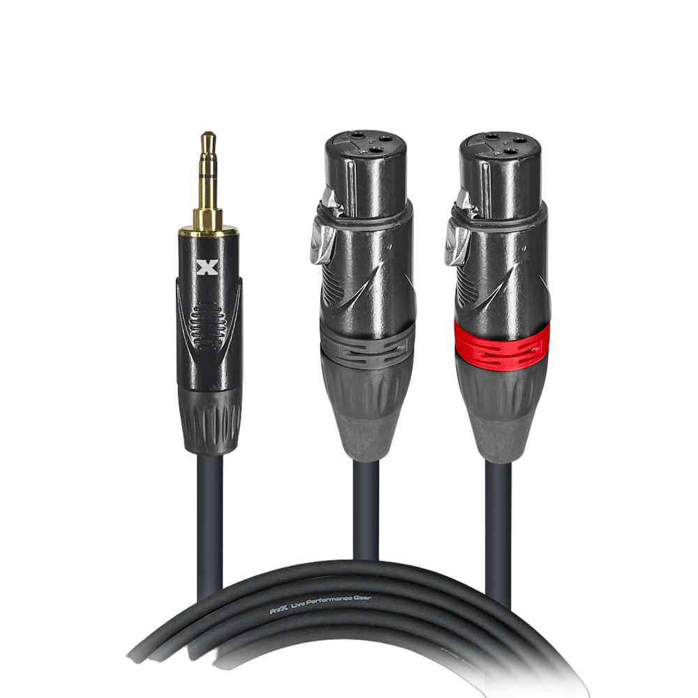 ProX 5ft Y-Cable 3.5mm TRS to Dual XLR-F ProX 5 foot Y-cable with 3.5mm TRS connector and dual XLR-F connectors, front view