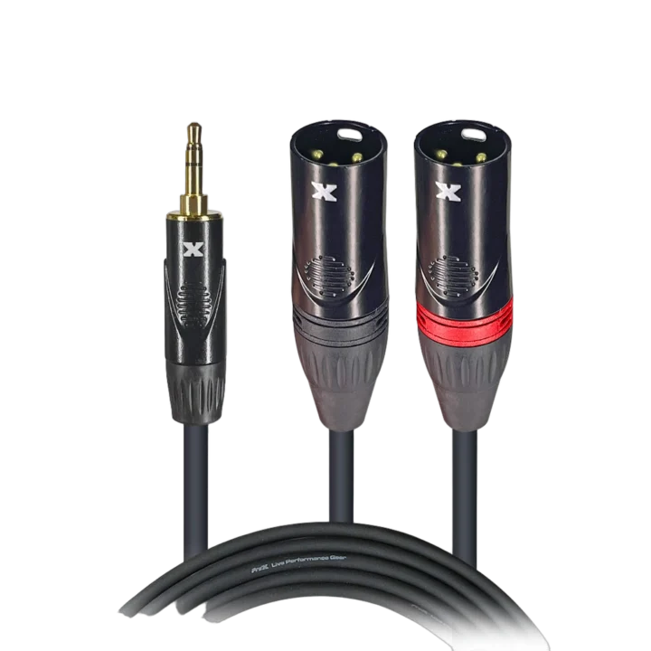 ProX 5 foot Y-cable with 3.5mm TRS connector and dual XLR-M connectors, front view