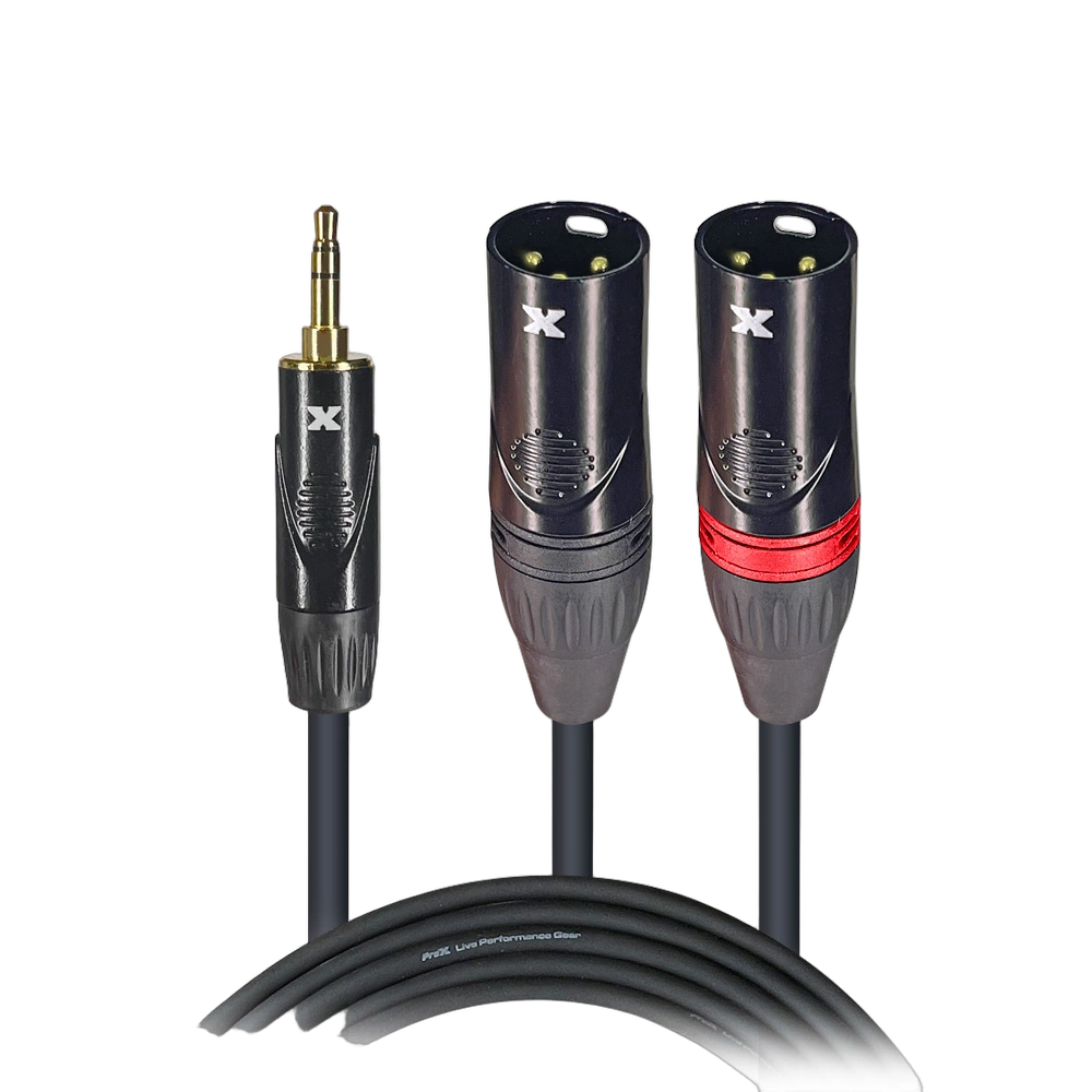 ProX 5ft Y-Cable 3.5mm TRS to Dual XLR-M ProX 5 foot Y-cable with 3.5mm TRS connector and dual XLR-M connectors, front view