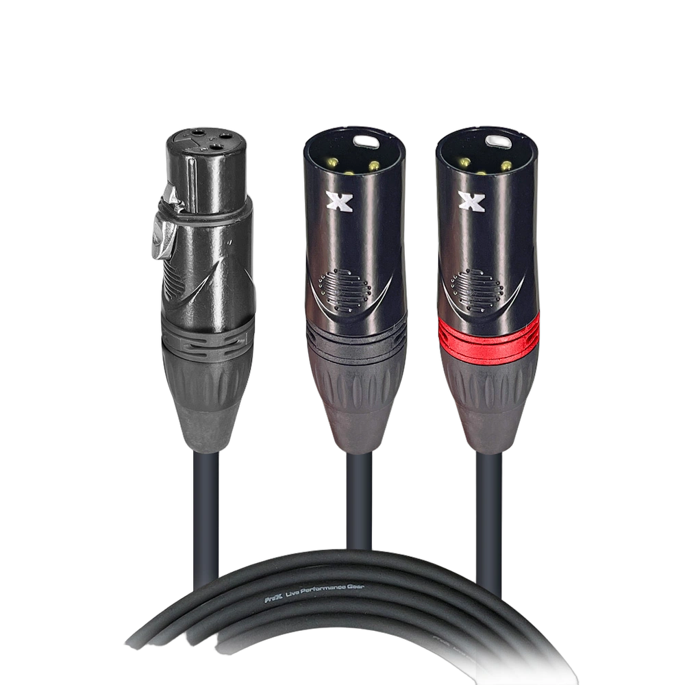 ProX 25 ft. Y-Cable XLR-F to Dual XLR-M Front View ProX 25 foot Y-cable with XLR female to dual XLR male connectors, full length product shot