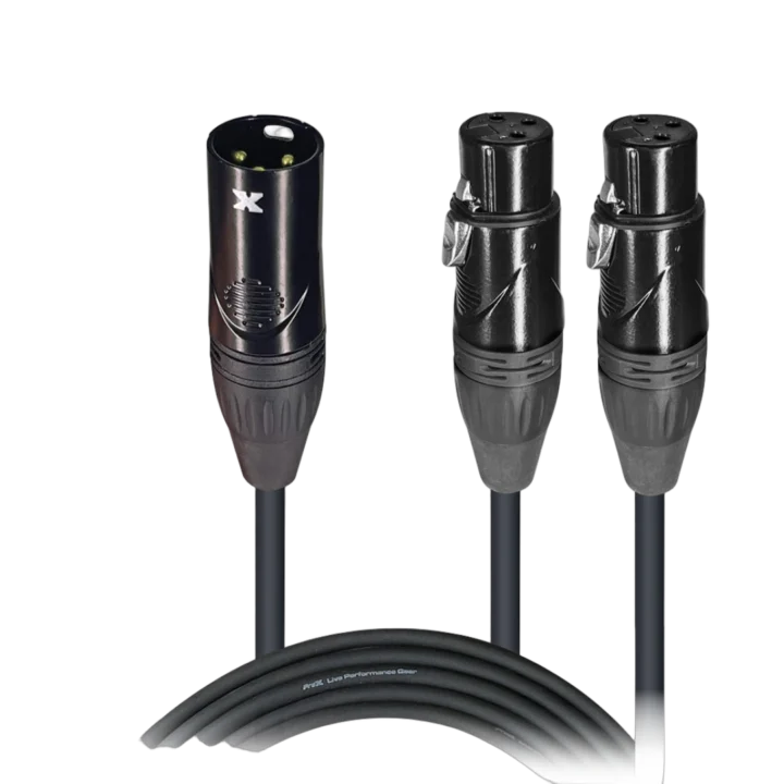 ProX 6 inch Y-cable with XLR male connector and dual XLR female outputs, front view