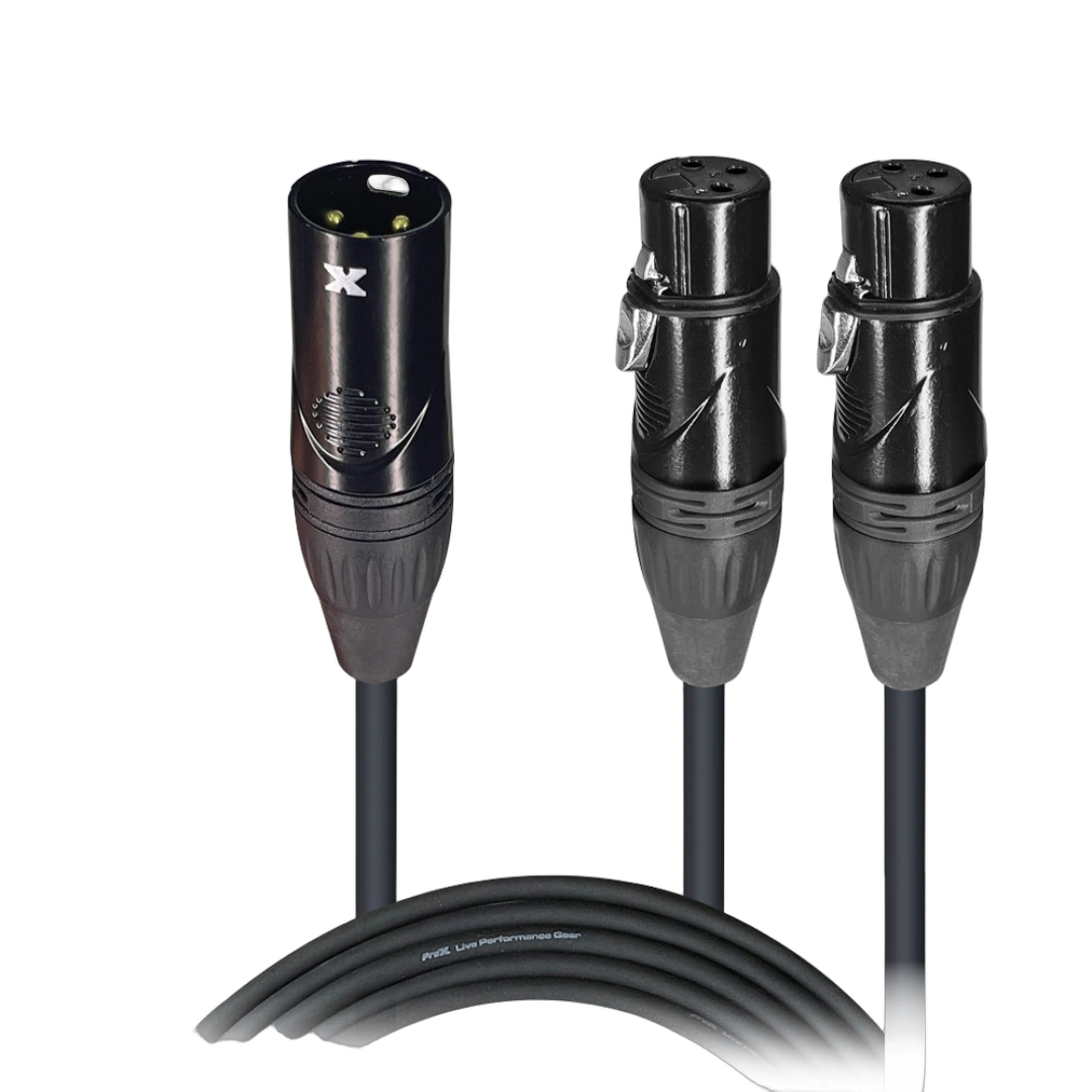 ProX 6 Inch Y-Cable XLR Male to Dual Female ProX 6 inch Y-cable with XLR male connector and dual XLR female outputs, front view