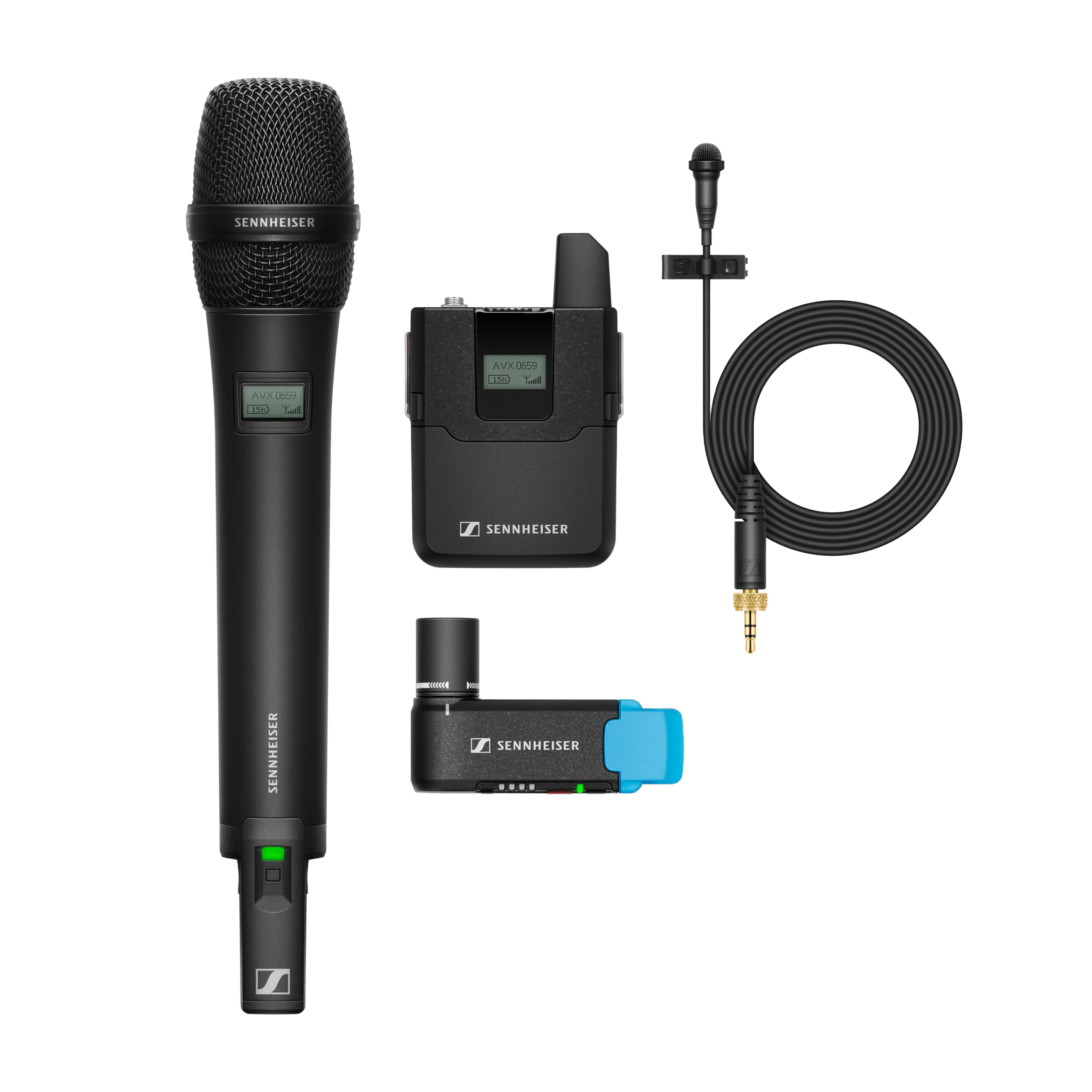 Sennheiser AVX ME2/835 Wireless Lavalier Vocal Combo Set Sennheiser AVX ME2/835 wireless lavalier and vocal microphone combo set front view