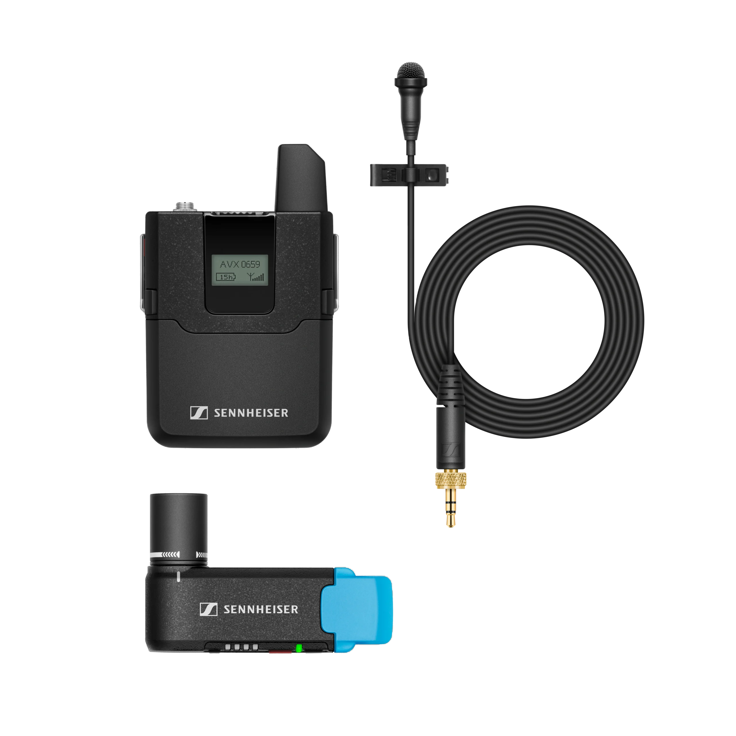 Sennheiser AVX-ME2 SET Wireless Lavalier Microphone System Sennheiser AVX-ME2 SET wireless lavalier microphone system with transmitter and receiver components