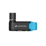 Sennheiser AVX-MKE2 wireless lavalier microphone system showing transmitter, receiver, and capsule components