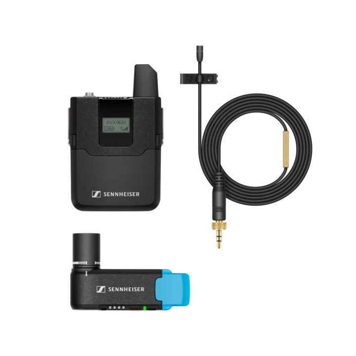 Sennheiser AVX-MKE2 wireless lavalier microphone system with transmitter and receiver components