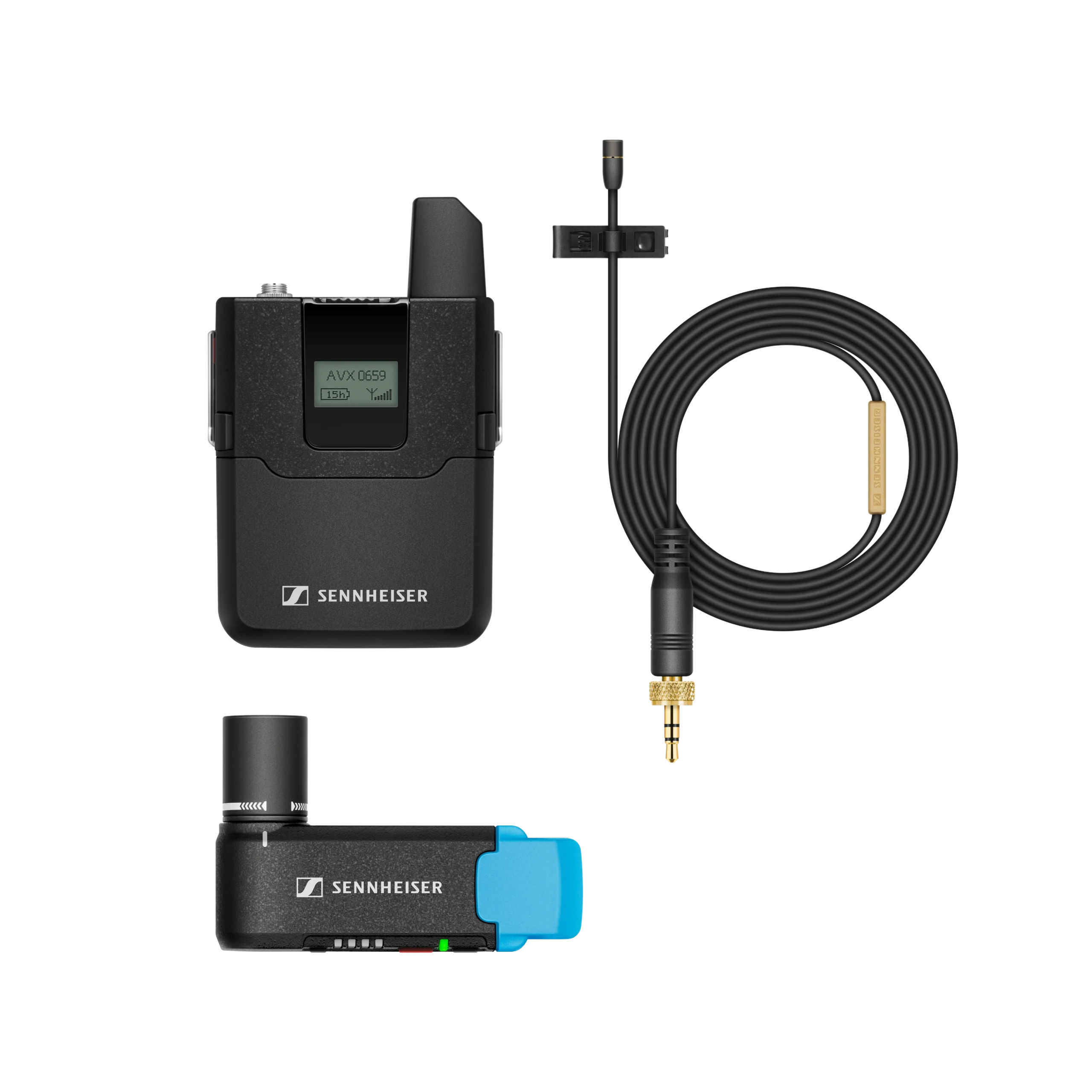 Sennheiser AVX-MKE2 Wireless Lavalier Microphone System Sennheiser AVX-MKE2 wireless lavalier microphone system with transmitter and receiver components