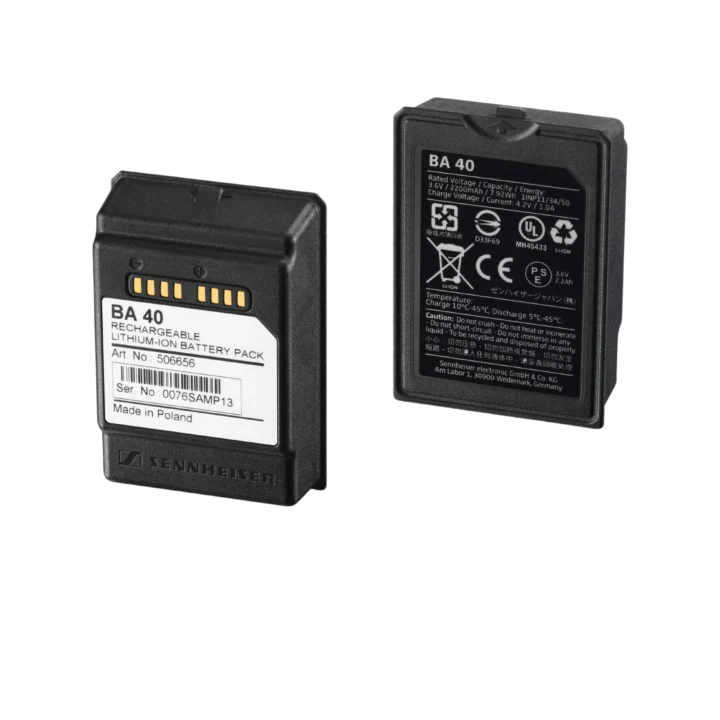 Sennheiser BA 40 rechargeable battery pack with charging contacts and status indicators visible