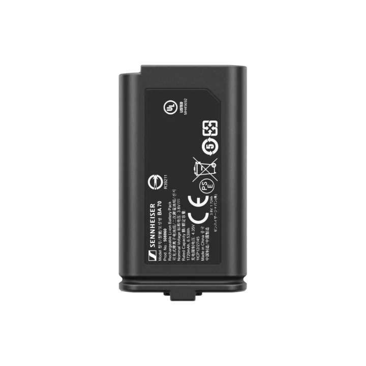 Sennheiser BA 70 rechargeable battery pack shown from side angle with charging contacts visible