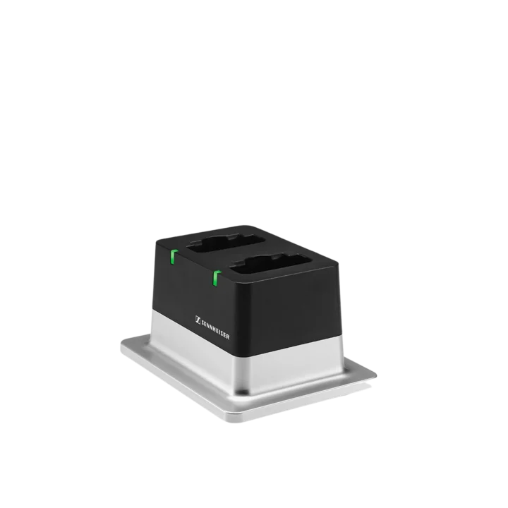 Sennheiser CHG 2 US dual-bay desktop charger with charging contacts and status indicators visible