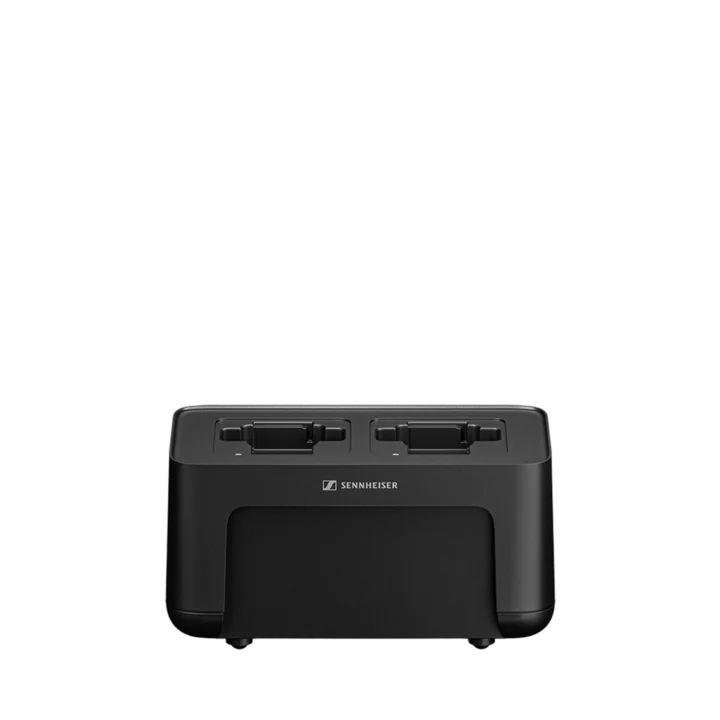 Sennheiser CHG 70N-C two-bay networked charger showing top panel with charging contacts and status indicators