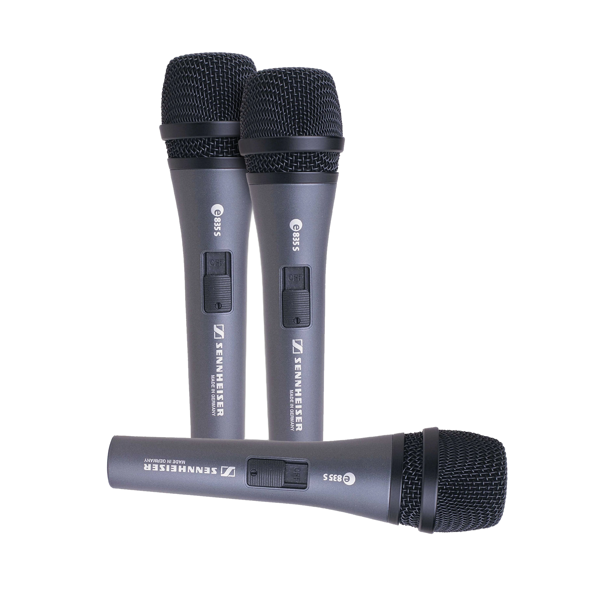 Sennheiser e 835-S Cardioid Dynamic Vocal Microphone 3-Pack Sennheiser e 835-S cardioid dynamic vocal microphone with on-off switch, three-pack bundle front view