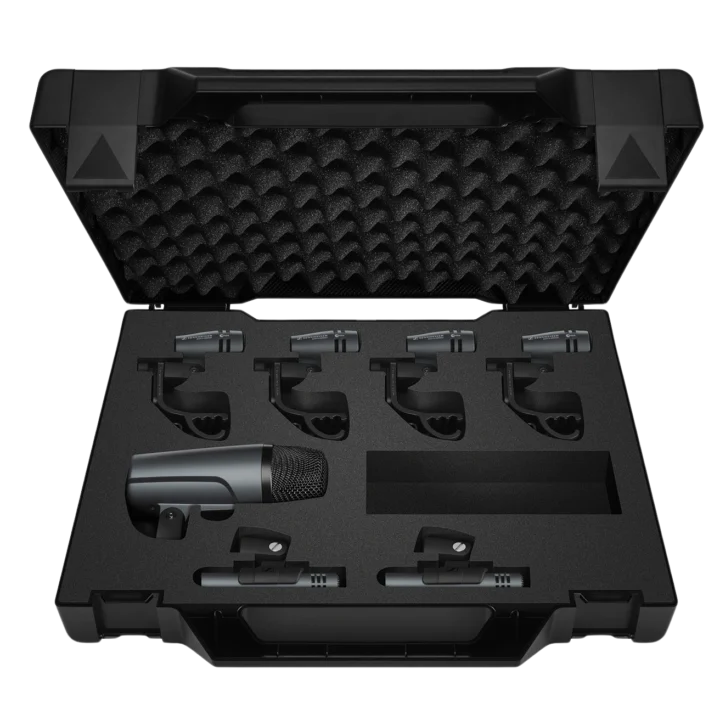 Sennheiser e 600 Series drum microphone pack with case and accessories front view