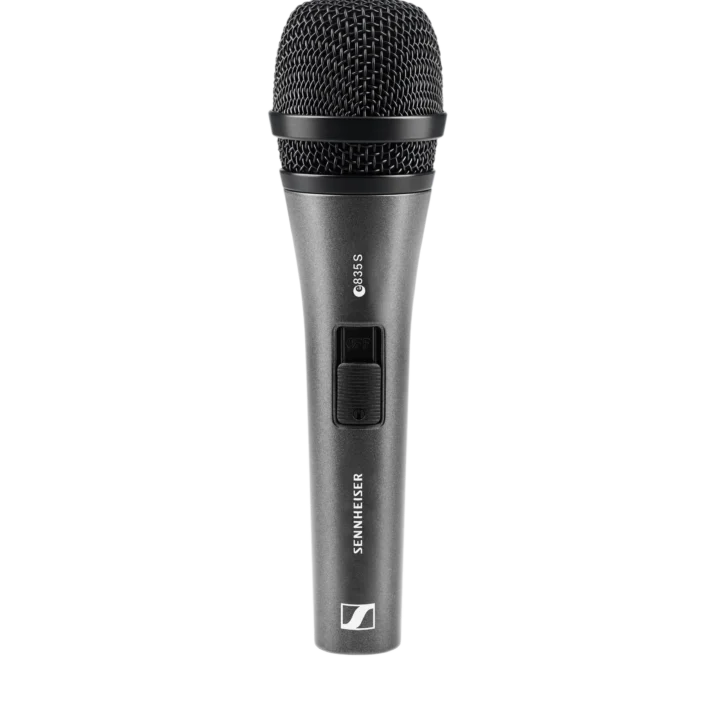 Sennheiser e 835-S cardioid dynamic vocal microphone with on-off switch, front view
