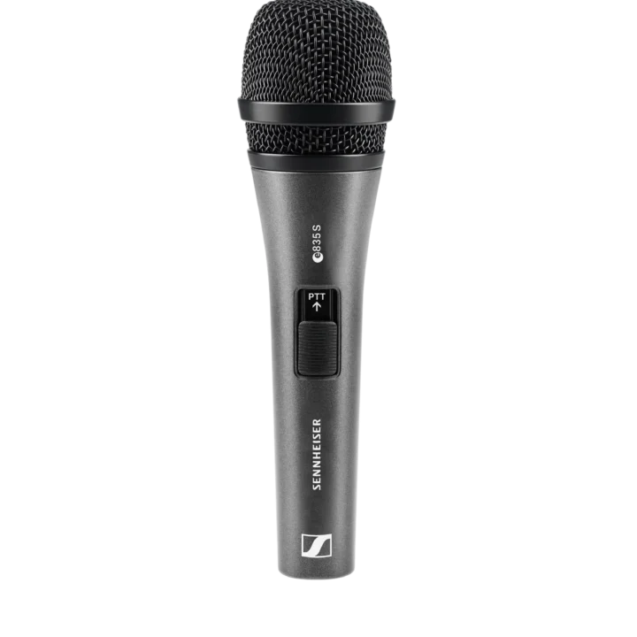 Sennheiser e 835-S PTT cardioid dynamic microphone with push-to-talk switch, front view