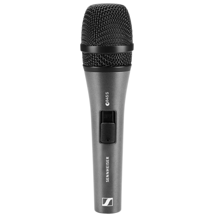 Sennheiser e 845-S supercardioid dynamic vocal microphone with on-off switch, front view