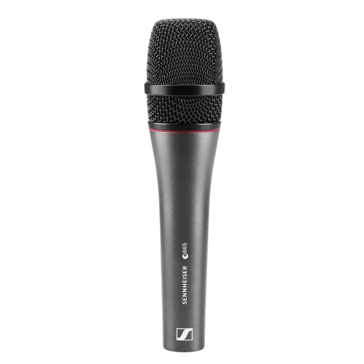 Sennheiser e 865-S supercardioid condenser vocal microphone with on-off switch, side profile view