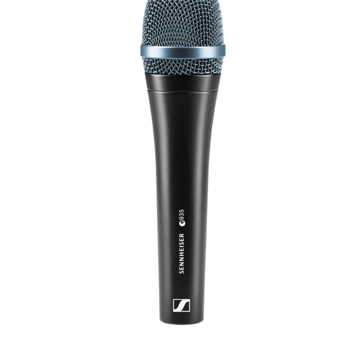Sennheiser e 935 cardioid dynamic vocal microphone with black grille and metal body front view