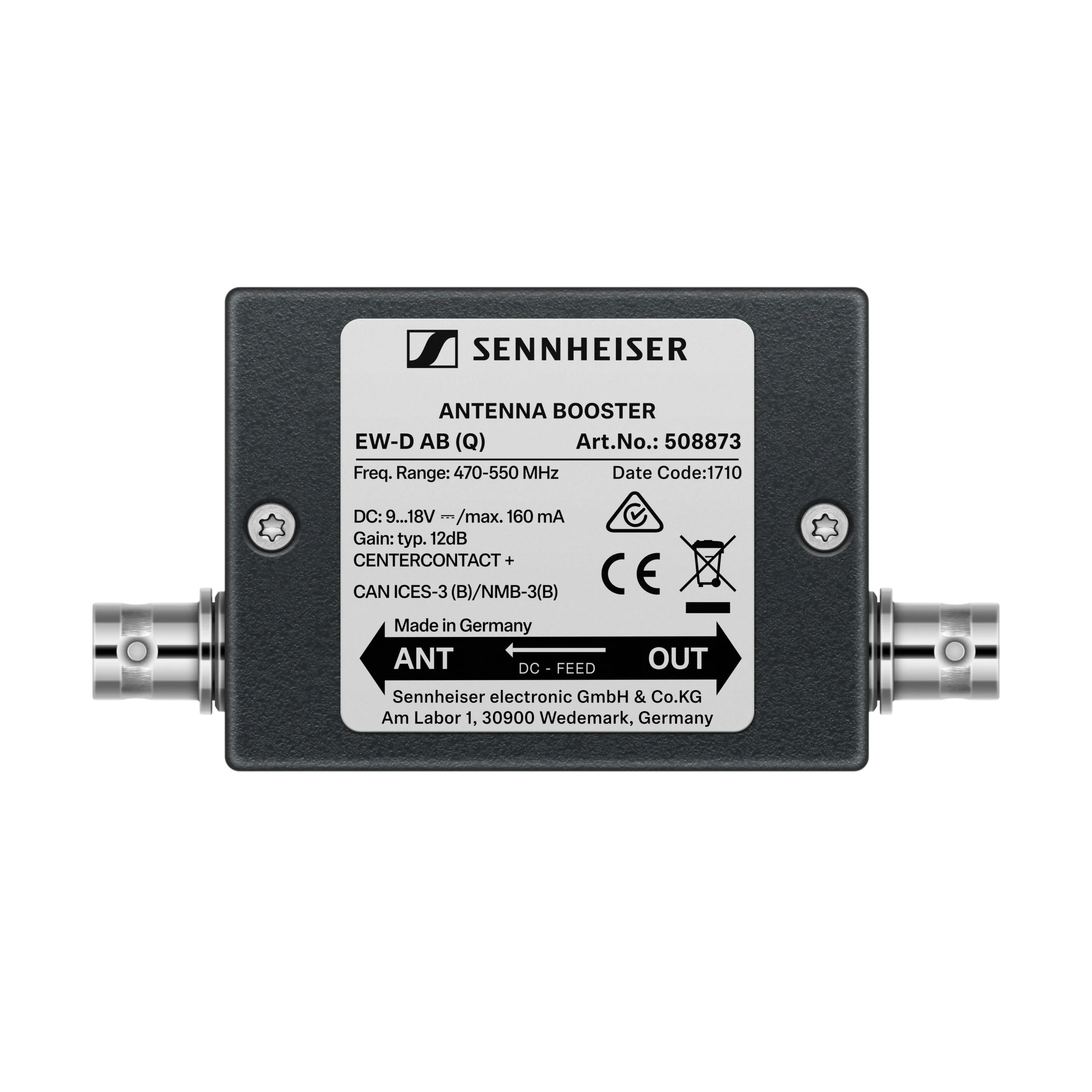 Sennheiser EW-D AB Active Antenna Booster Front View Sennheiser EW-D AB active antenna booster with front-facing connectors and status indicators