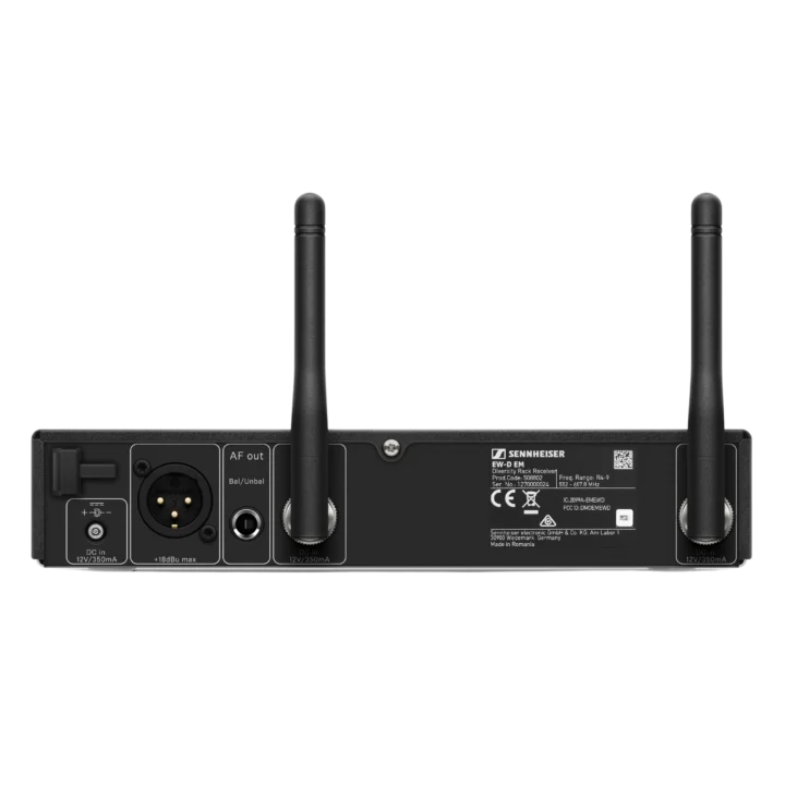 Sennheiser EW-D EM R4-9 digital wireless receiver showing rear panel connections and antenna ports