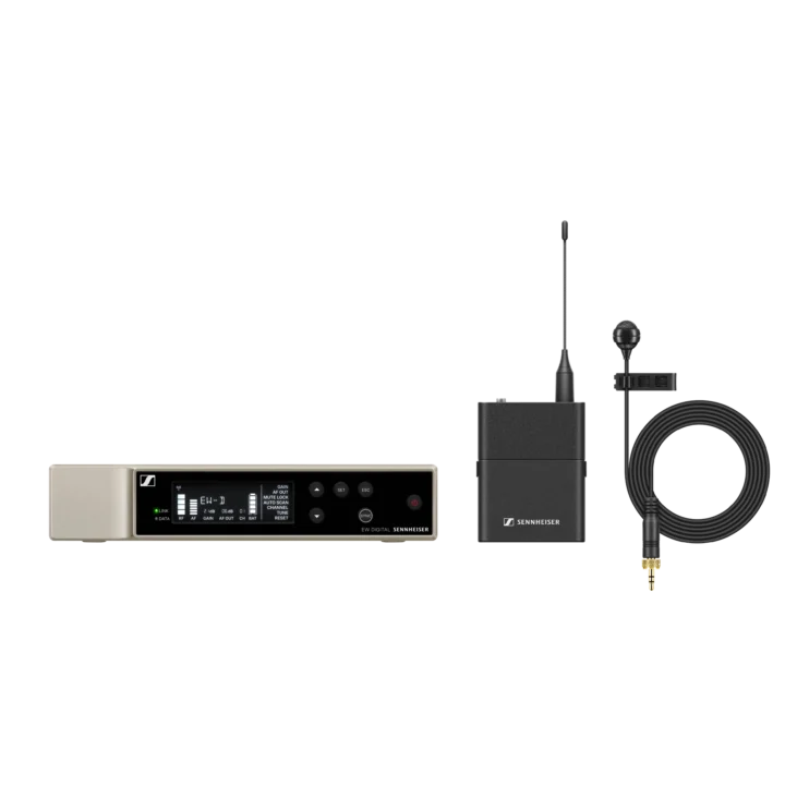 Sennheiser EW-D ME4 digital wireless lavalier microphone set with receiver and transmitter components