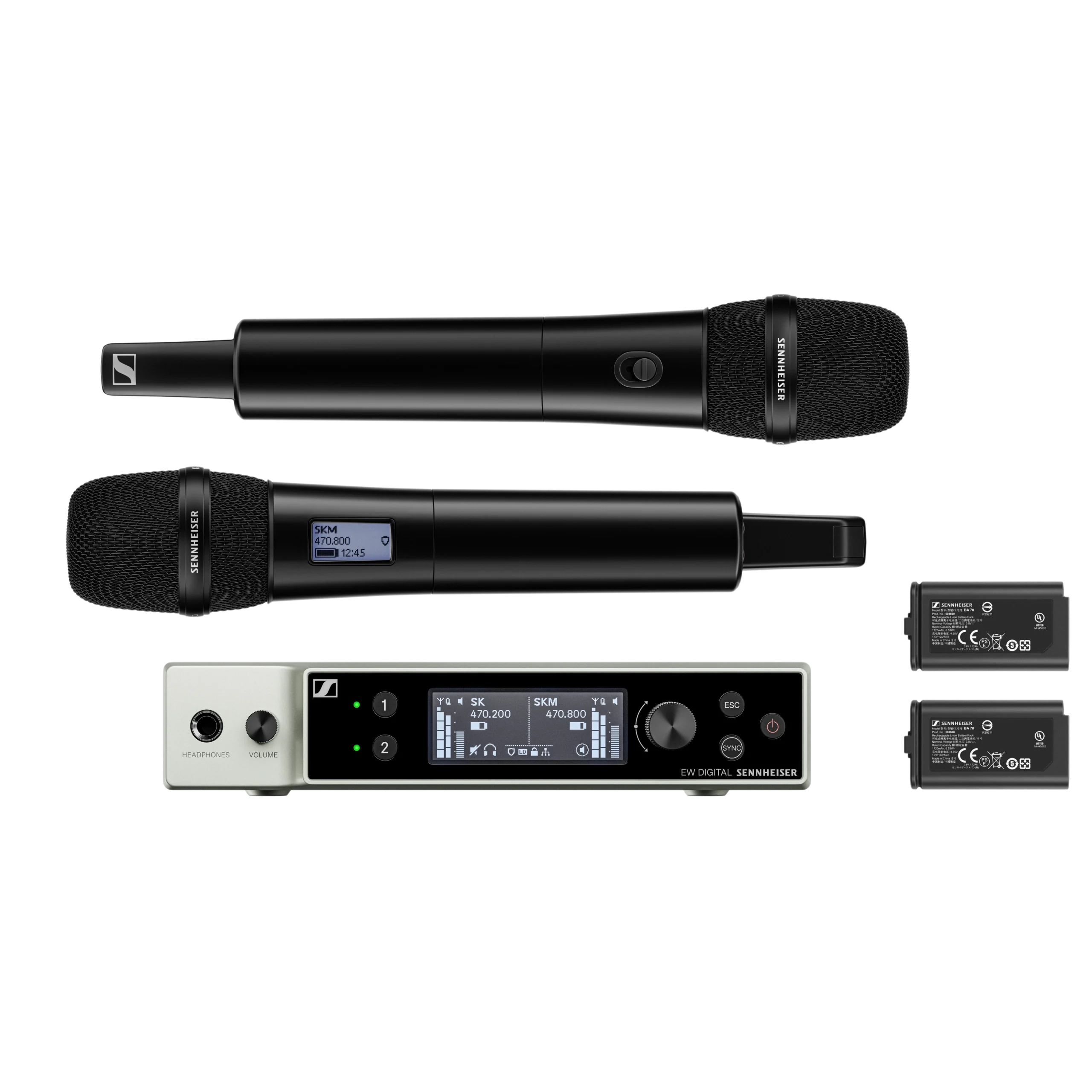 Sennheiser EW-DX 835-S Digital Wireless Handheld Microphone Set Sennheiser EW-DX 835-S dual handheld wireless microphone set with receivers and transmitters front view