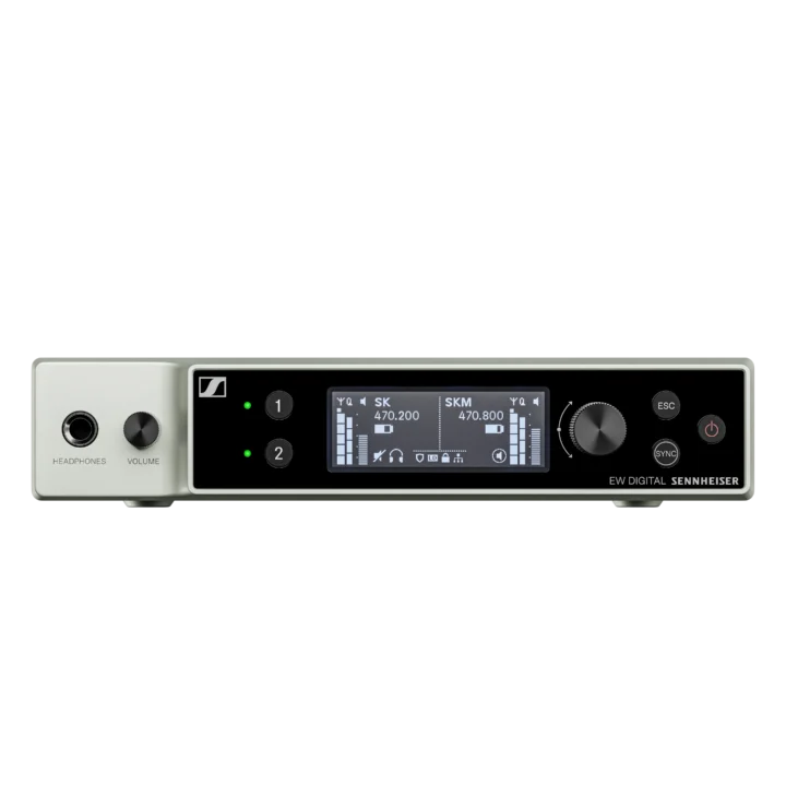 Sennheiser EW-DX EM 2 DANTE two-channel digital wireless receiver showing rear panel connections and DANTE ports