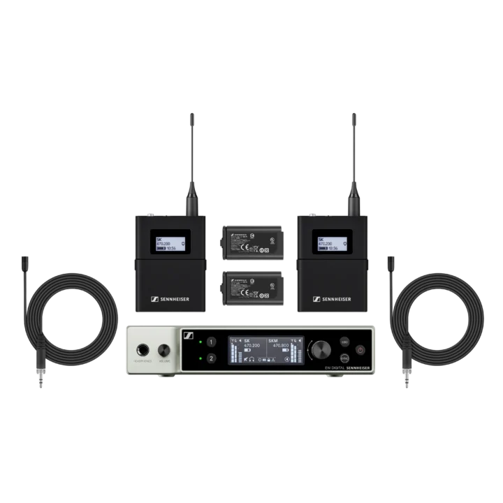Sennheiser EW-DX MKE 2 dual lavalier wireless microphone set with receivers and transmitters front view