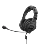 Sennheiser HMD 300 S single-sided broadcast headset showing microphone boom and control details