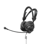 Sennheiser HME 26 S single-sided broadcast headset showing microphone boom and control details