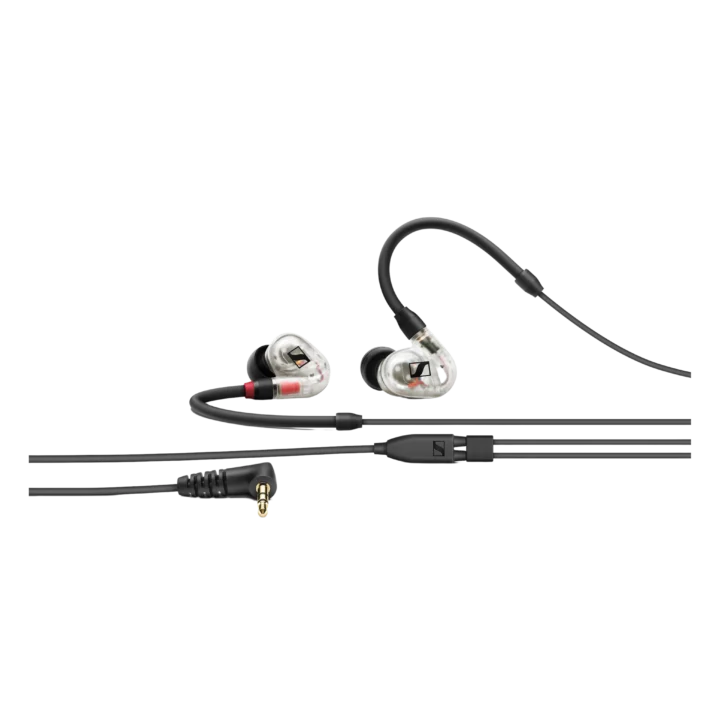 Sennheiser IE 100 PRO in-ear monitor earpieces with clear design and cable connector