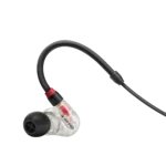 Sennheiser IE 100 PRO in-ear monitor earpiece shown from side angle with transparent housing detail