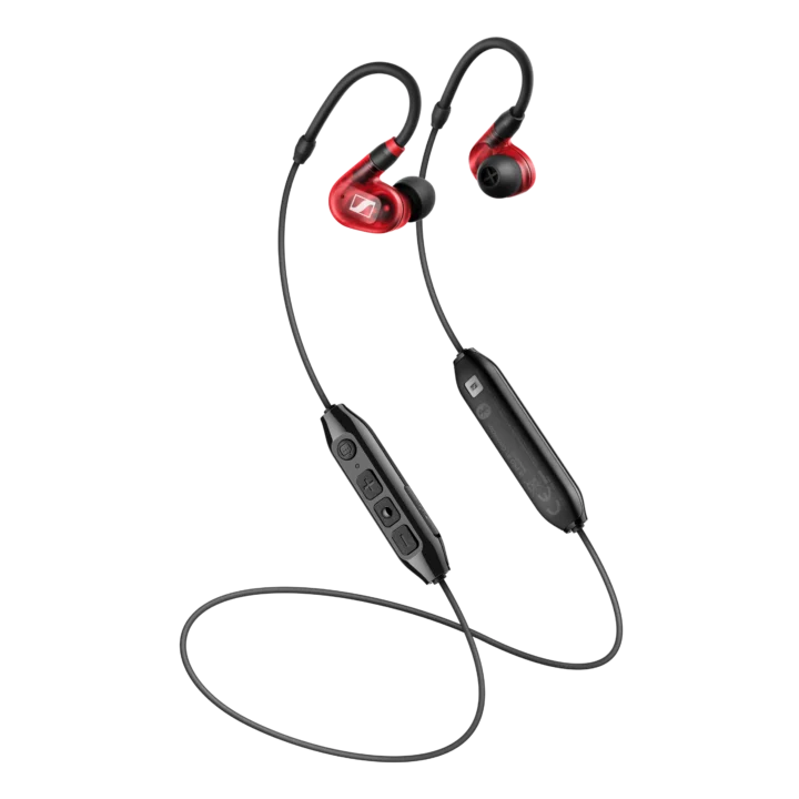 Sennheiser IE 100 PRO Wireless red in-ear monitor earbuds with charging case front view