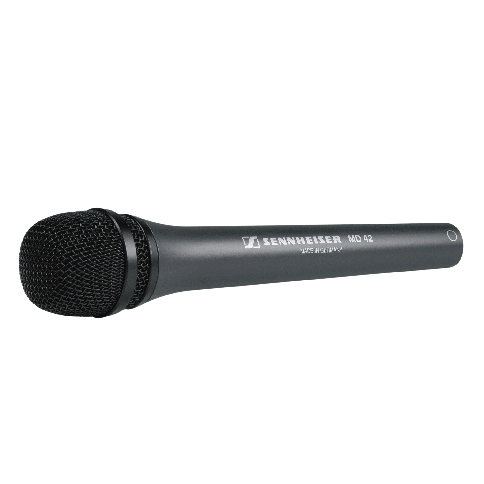 Sennheiser MD 42 Omnidirectional Handheld Microphone Front View Sennheiser MD 42 omnidirectional handheld reporter microphone with windscreen and stand adapter