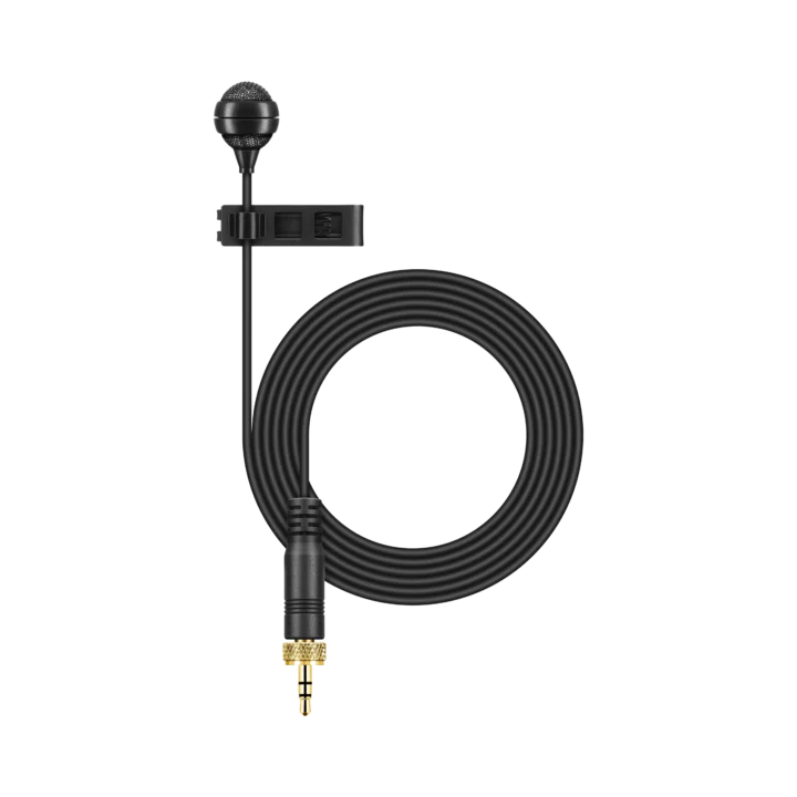 Sennheiser ME 4 cardioid clip-on microphone with windscreen and stand adapter front view