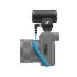 Sennheiser MKE 200 directional camera microphone mounted on DSLR camera in professional video production setup