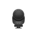 Sennheiser MKE 200 directional microphone mounted on DSLR camera in professional use